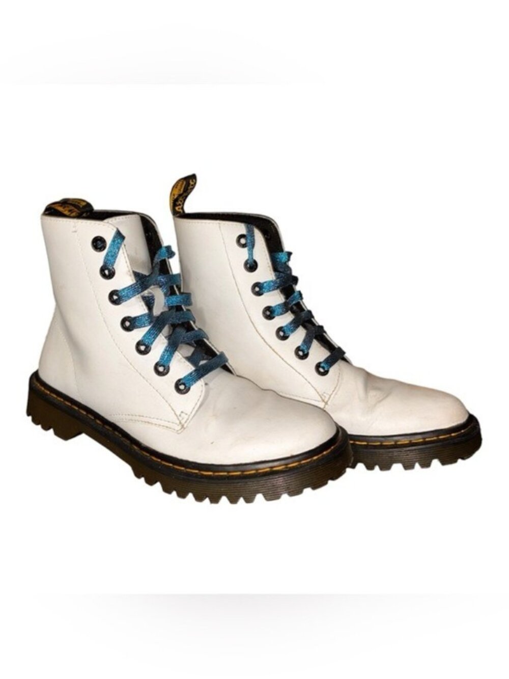 Dr. Martens Jadon White Leather Lace-Up Boots with Blue Laces